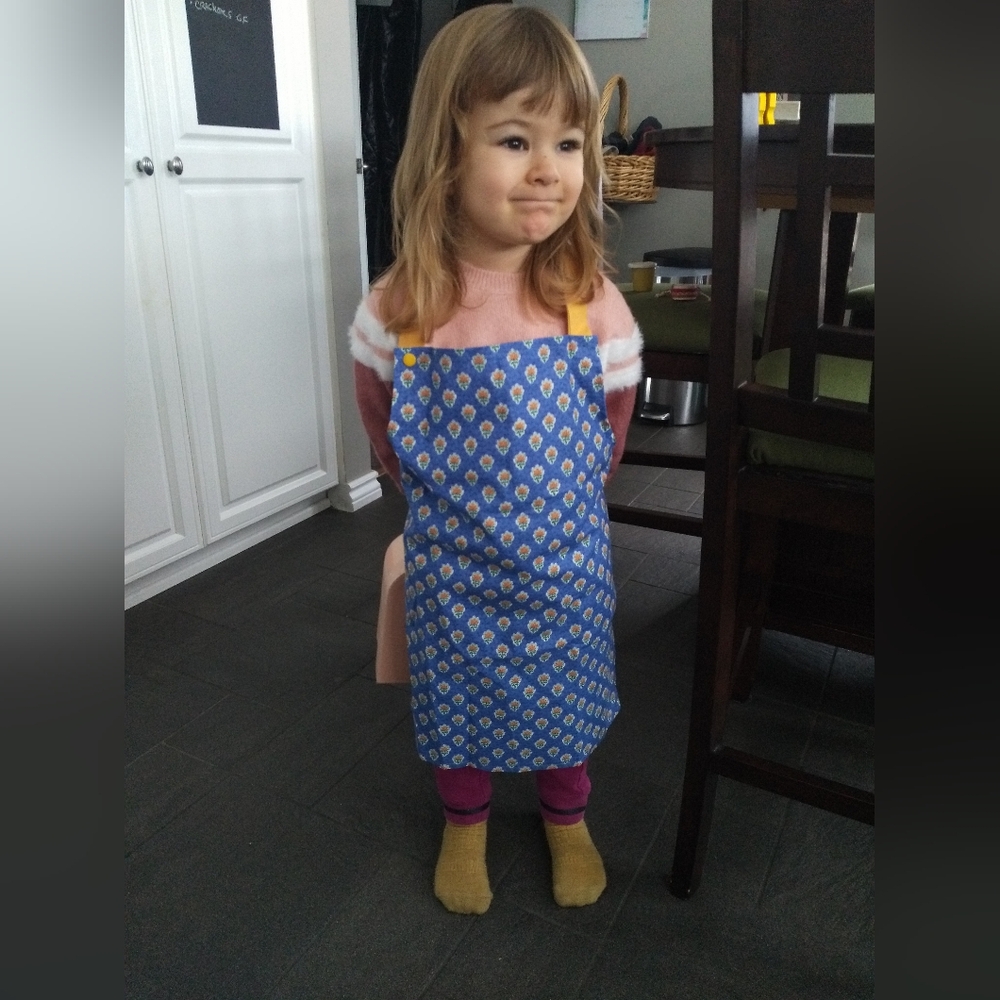 Kids Apron, Handmade In France Age 4-8, Adjustable Child's Cotton Blue + Yellow
